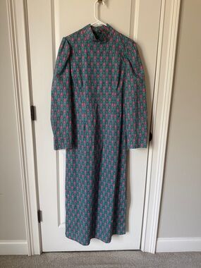 High-Neck Teal Maxi Dress with Pink Floral Motif